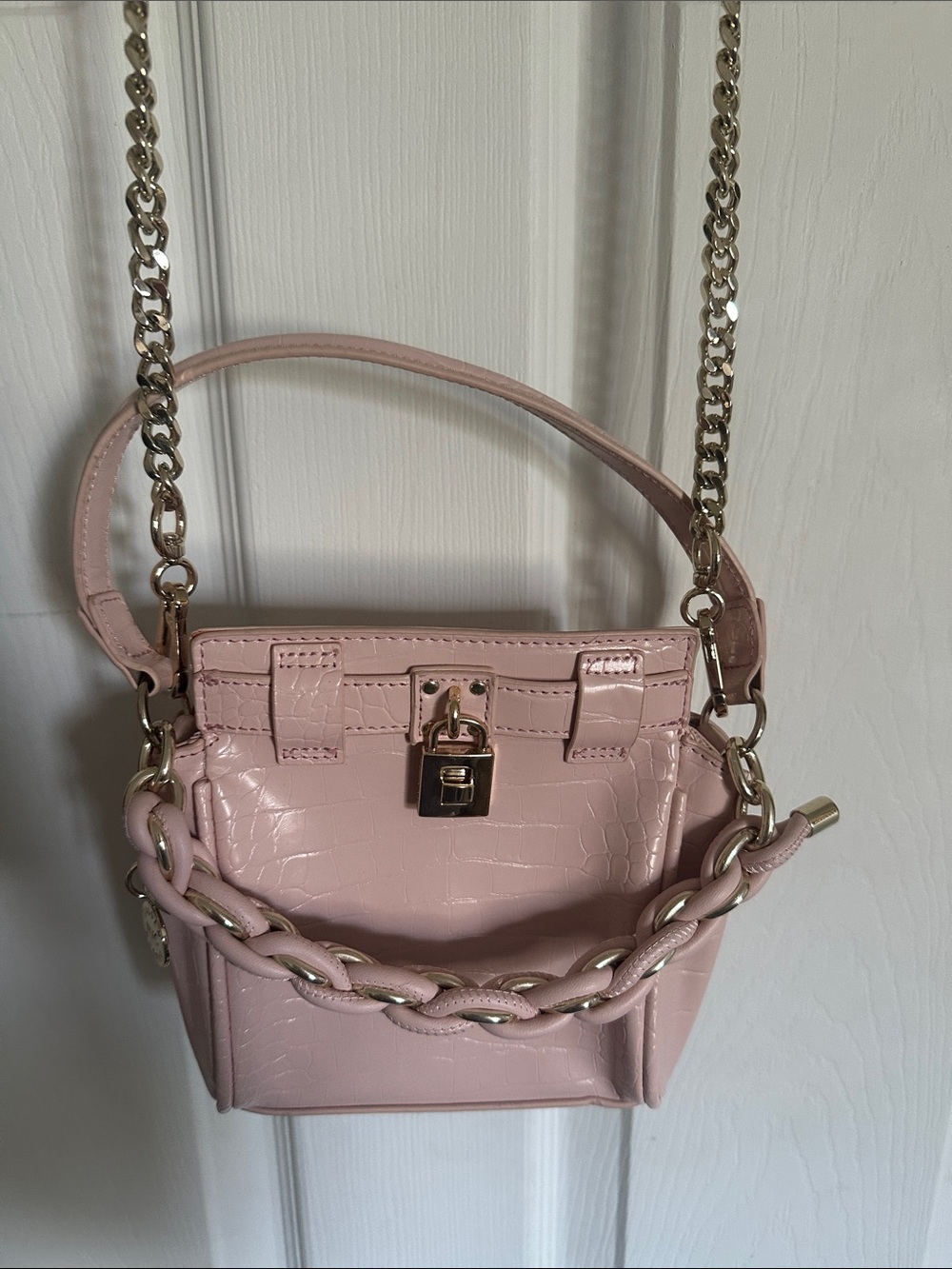 Mini Pink Croc-Embossed Chain Satchel